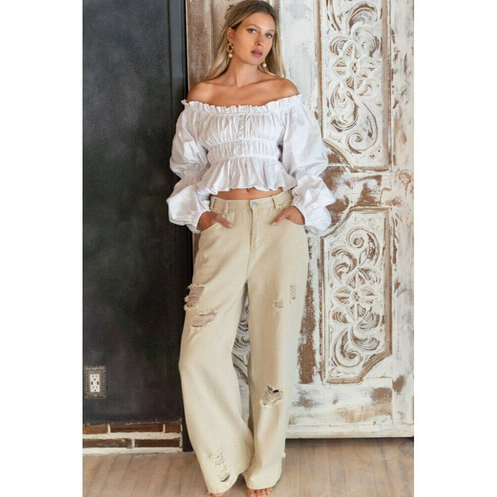 Sale! POL
Off Shoulder White Cropped Long Sleeve Blouse Ruffles Puff Sleeve Top - Picture 4 of 10